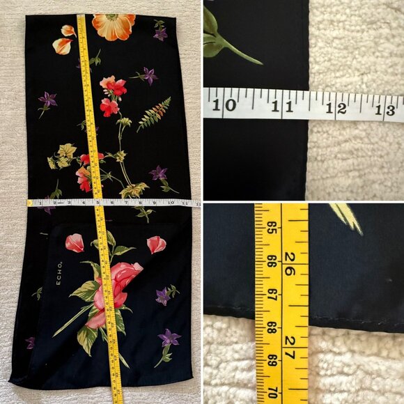 Echo Black Silk Scarf Pink Floral Print Neck Headband Ponytail Bow Bag Accessory - Picture 5 of 11